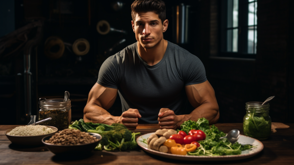 healthy man with multiple superfoods