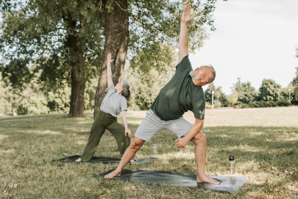 Senior couple enjoying yoga workout in the park, doing standing yoga poses on mats in a sunny outdoor setting and improving their heart health care.