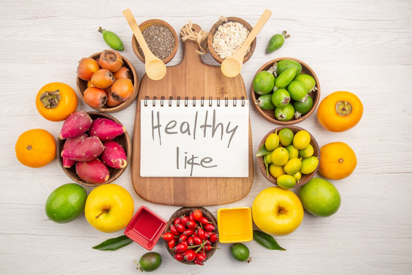 top view of healthy superfoods and fruits