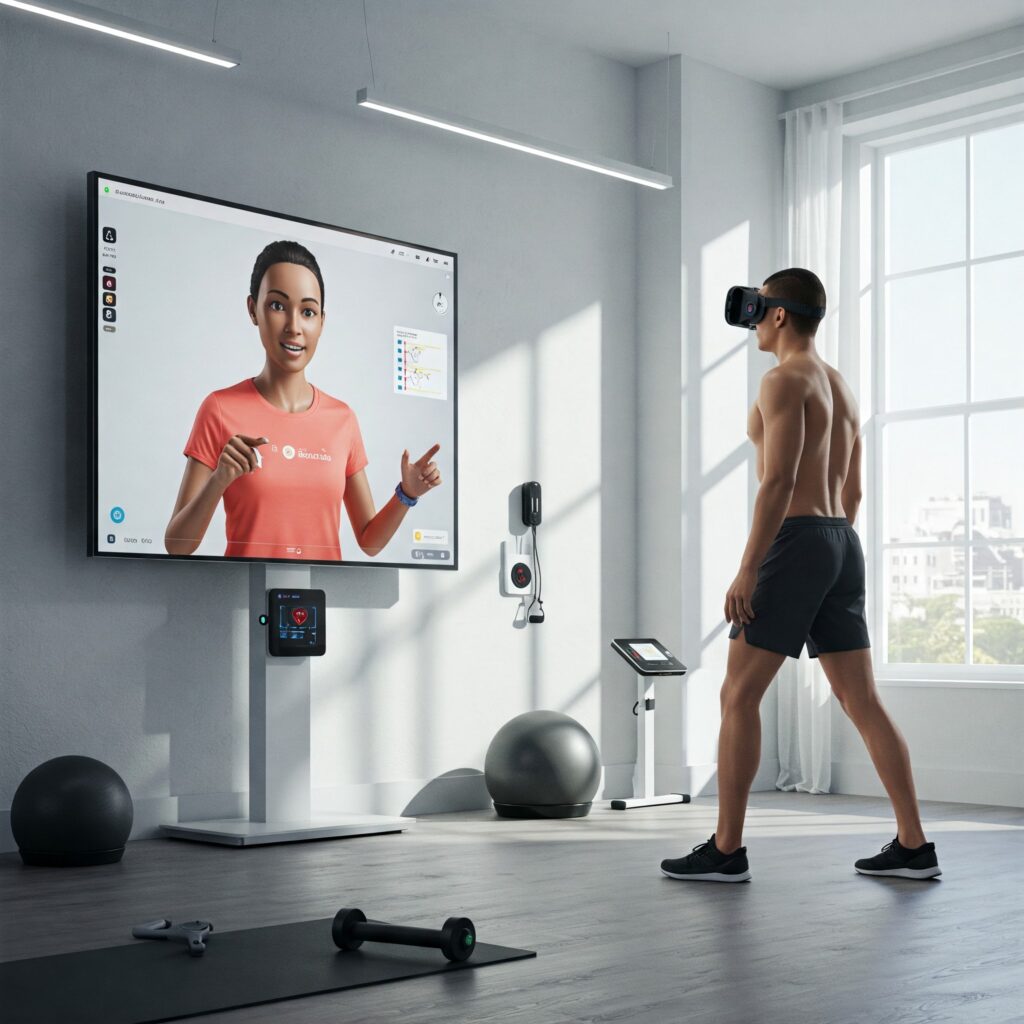 A muscular man wearing a VR headset stands on a wooden floor in a modern, well-lit home gym, facing a large flat-screen TV displaying a digital avatar of a fitness coach. Workout equipment like dumbbells and a yoga mat are visible in the foreground.