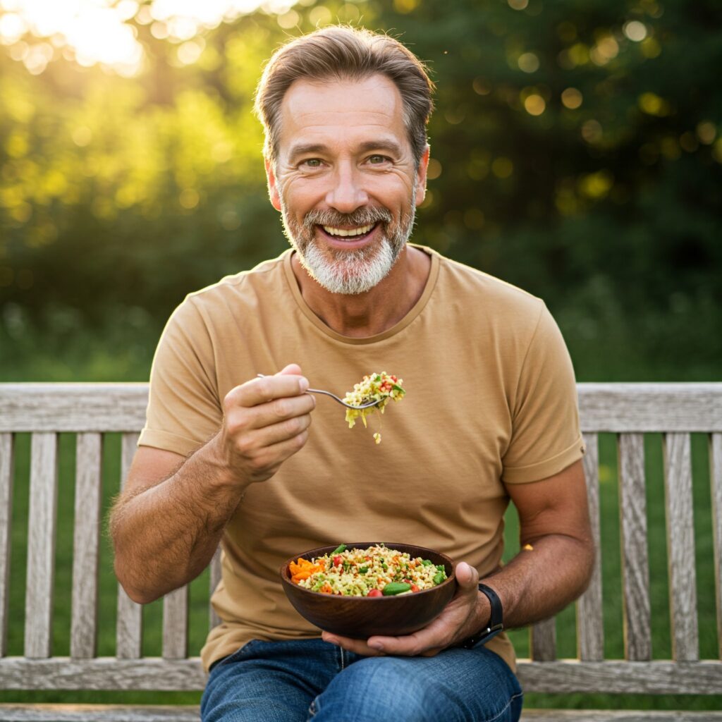 Old man eating healthy food for mental clarity and sitting on the green grass park bench.