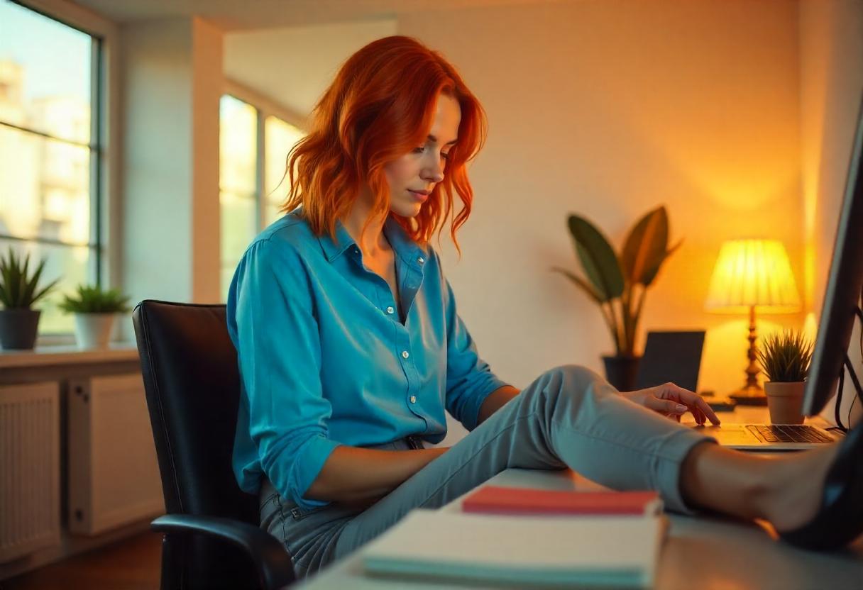 Red hair woman performing desk workouts at her job workplace