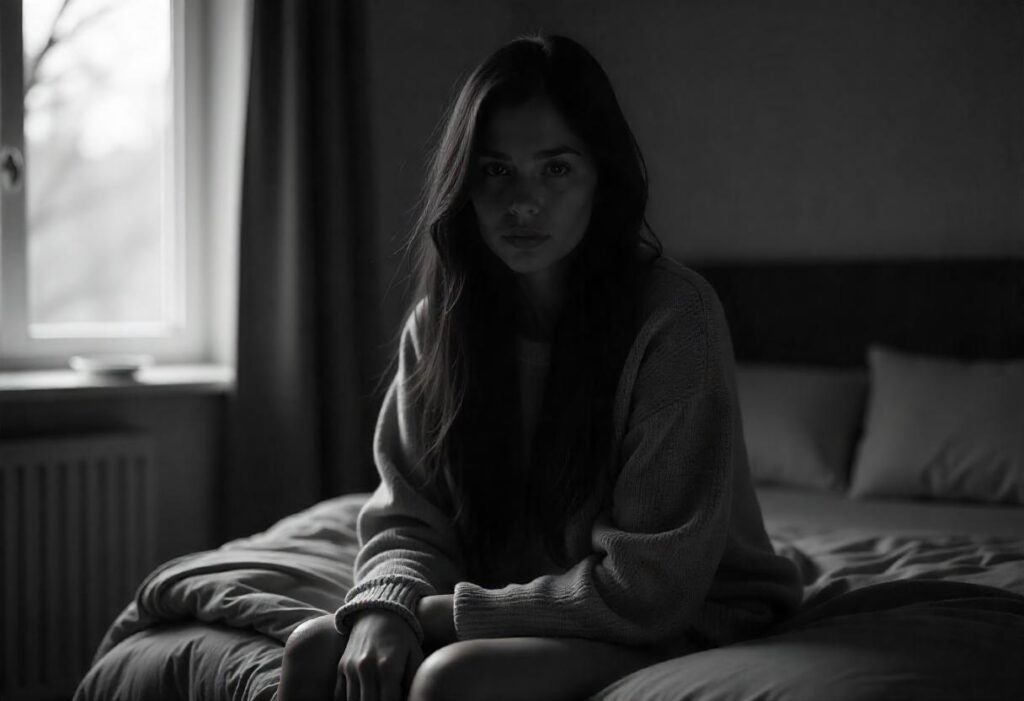 young aged woman sitting on her bed is deeply affected with Seasonal Affective Disorder SAD