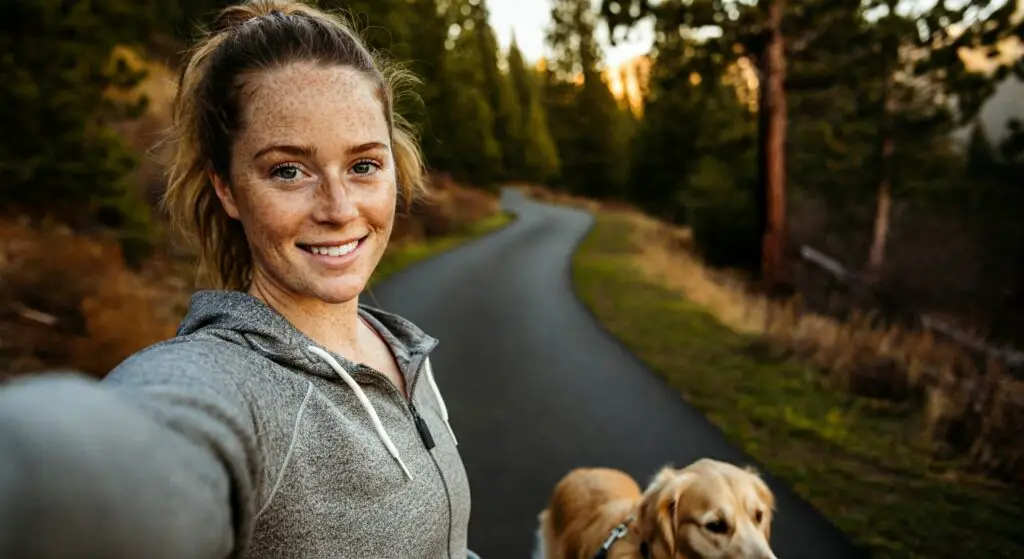 Woman doing morning walks with her dog.