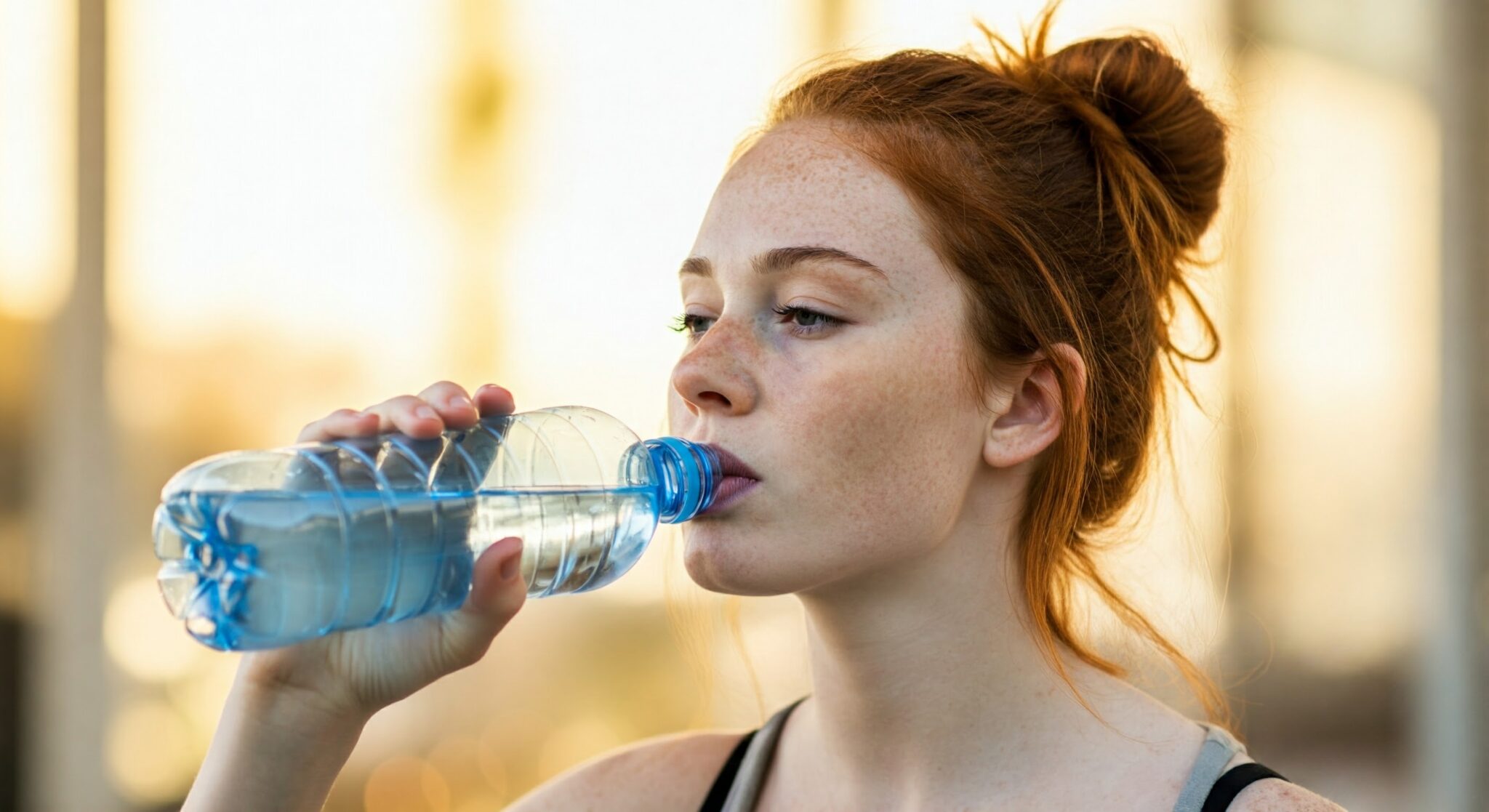 Young Women drinking water in hot temperature weather to stay hydrated in