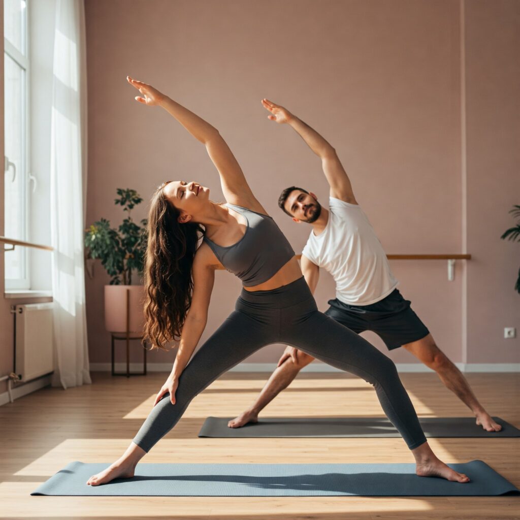 A young man and woman are performing a yoga pose on mats in a bright, minimalist studio.
