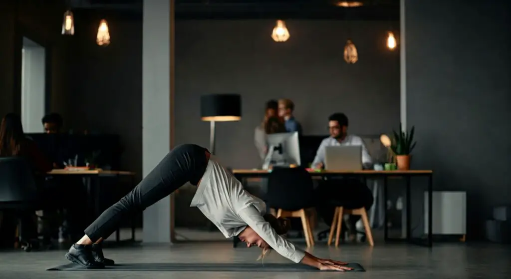 Woman doing yoga for desk workers in the professional office.