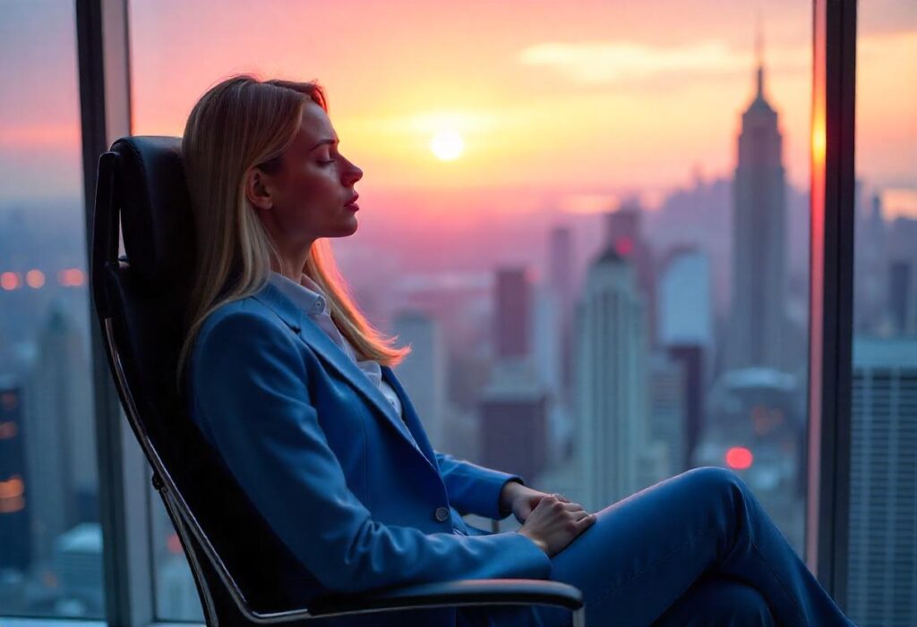 Young business woman taking a short nap in her office near the window.