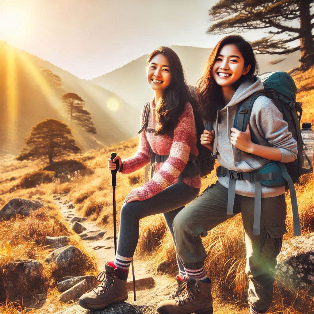 Two women's taking the benefits of hiking.