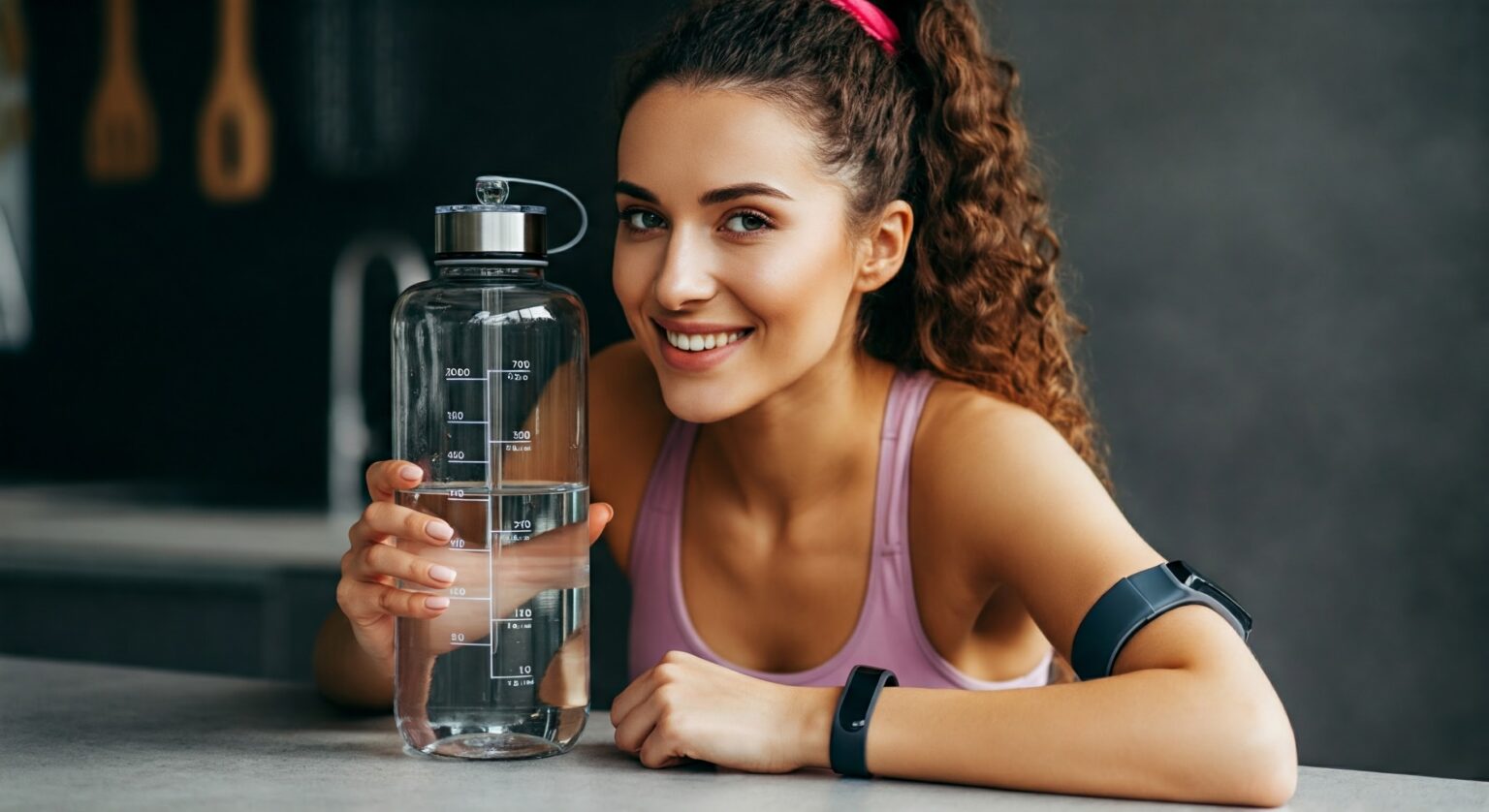 Young woman practicing the daily water intake and smiling.