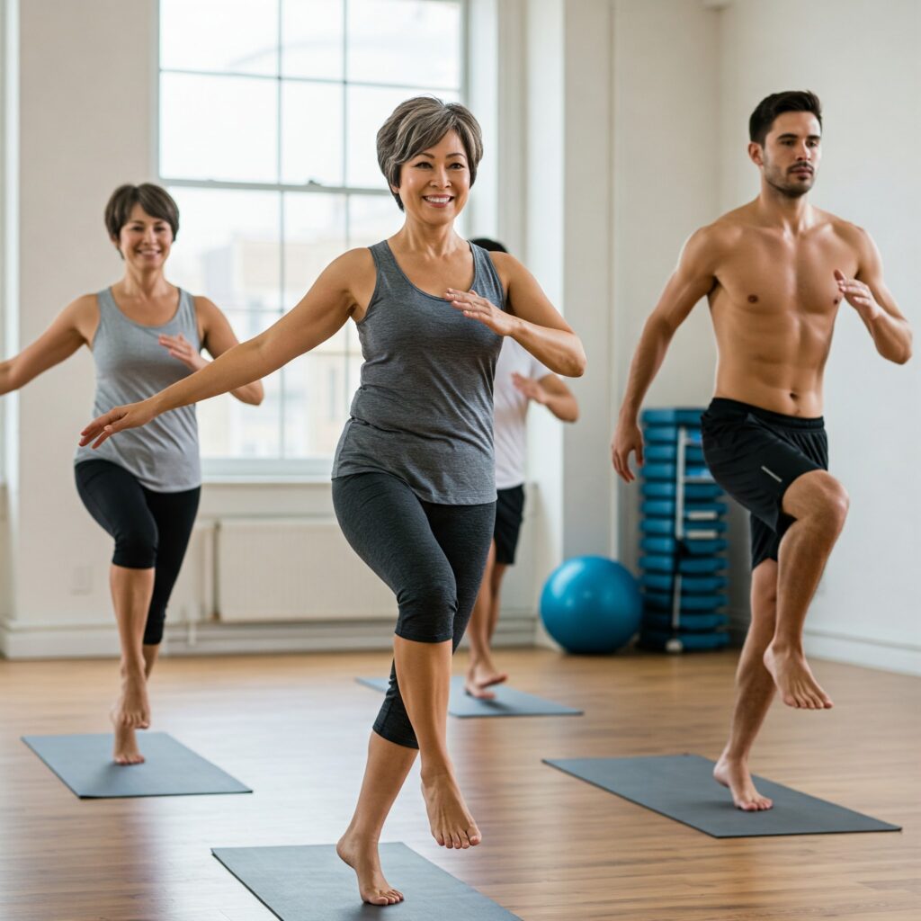 group of healthy peoples doing low-impact exercises in the club.