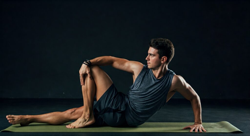 how yoga strengthens muscles, young man doing yoga stretches