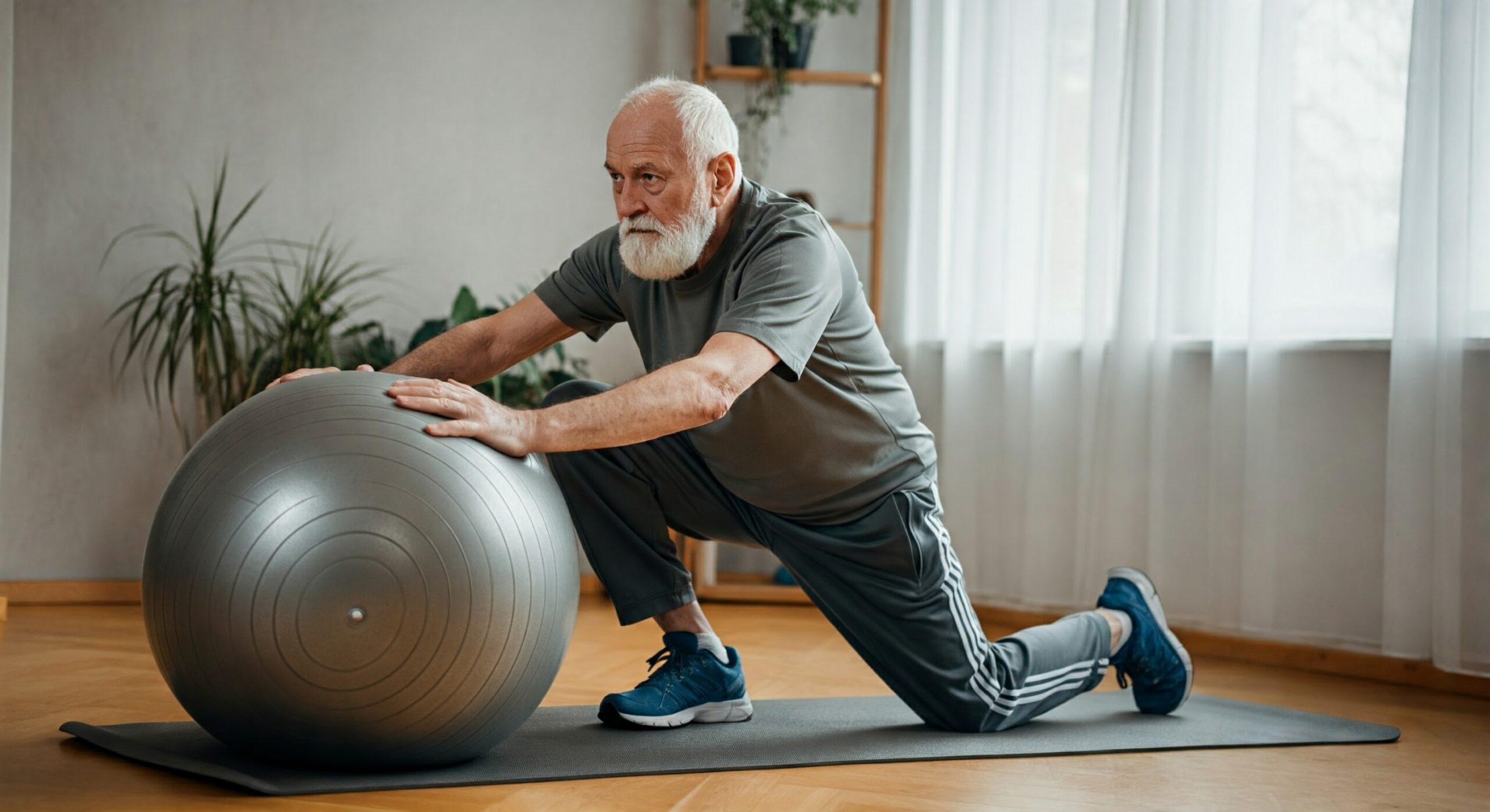 Old man doing low impact exercise at home.