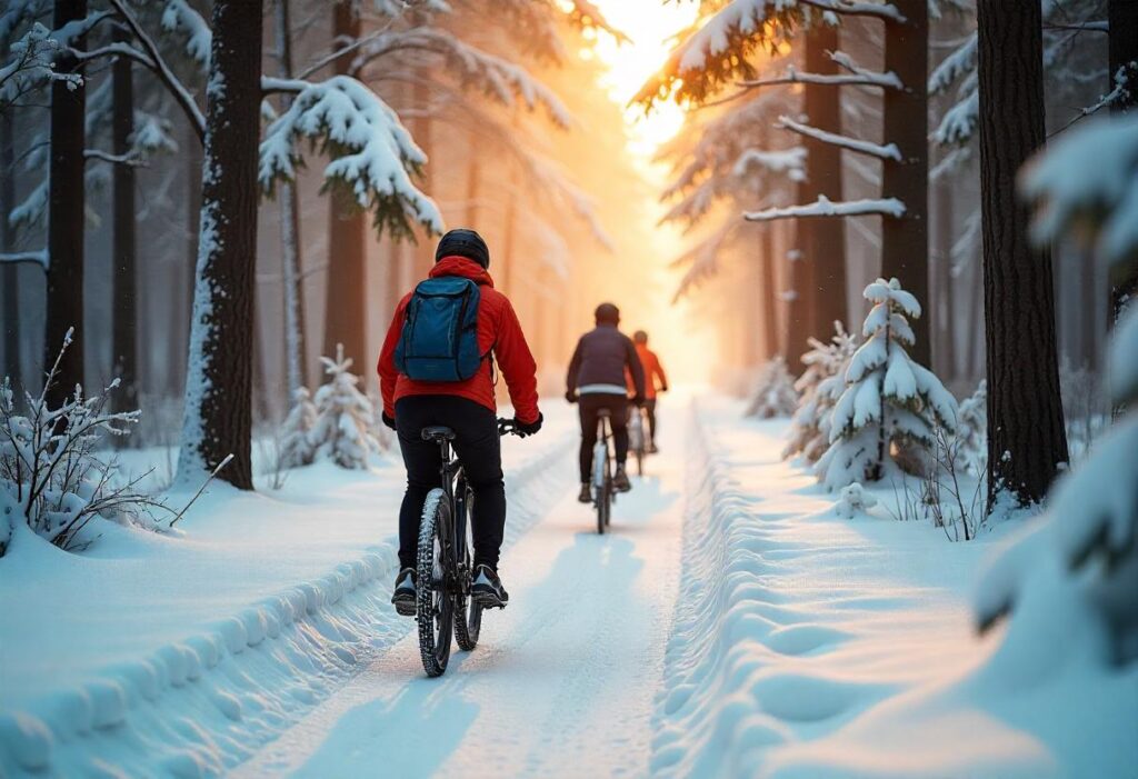 A group of friends cycling through a snowy forest in Hokkaido, Japan during winter; the cyclists, bundled in warm winter gear, navigate a path covered in fresh snow; snow-covered trees line the route.