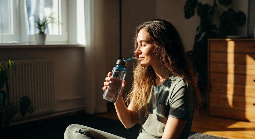 Woman drinking water and practicing best levels of hydration.