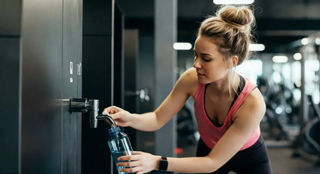 Woman going to drink water and preventing dehydration while doing workout.