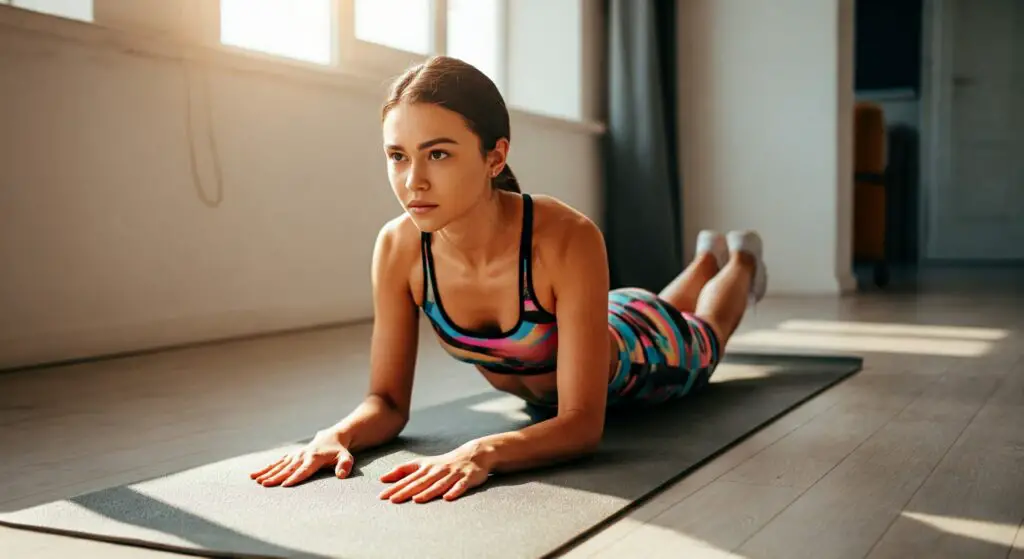 Young woman doing stretch exercises for joint flexibility at home.