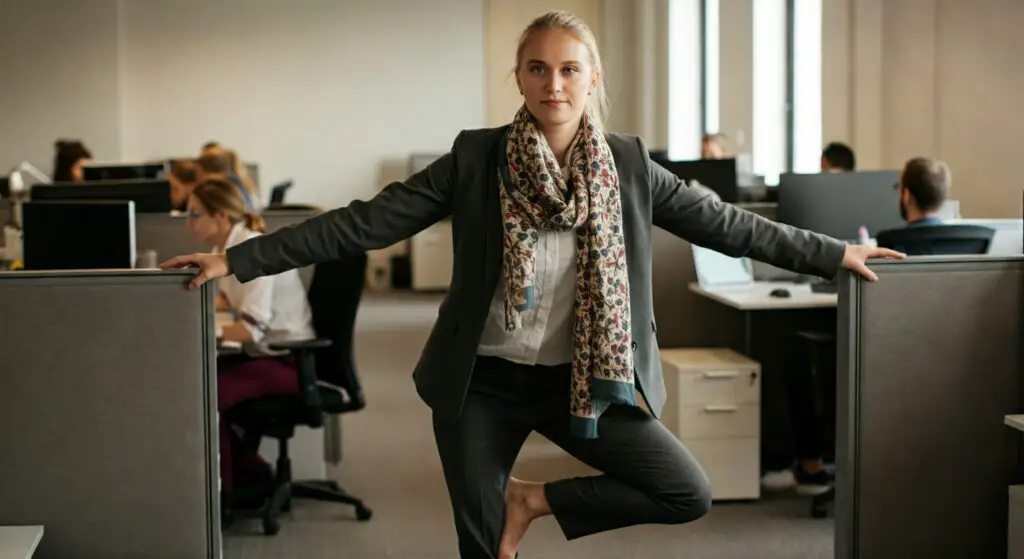 Woman performing yoga stretches at her workplace.