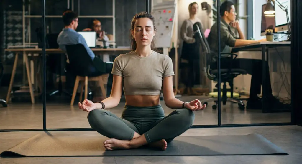 Woman office yoga routine.