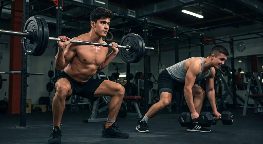 Two men's doing intense strength training at gym.