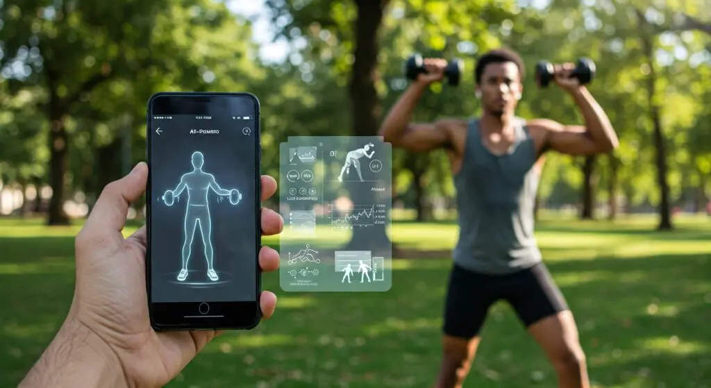 A men doing workout with AI personal training fitness app. 