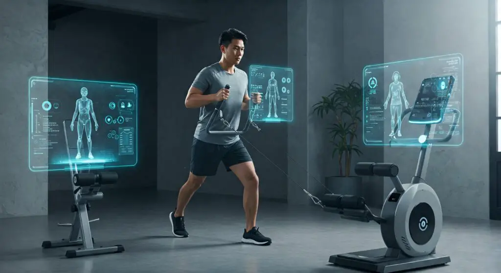 A men doing gym workout with AI personal training.