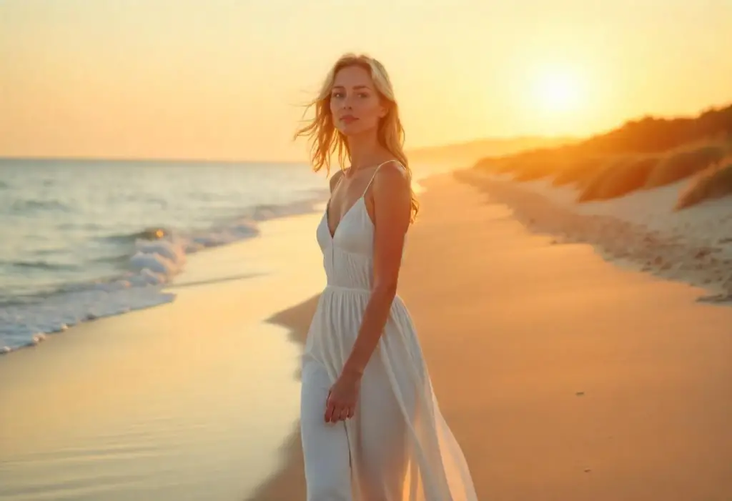 This image shows the woman in white clothes walking for the mental health and brain focus.