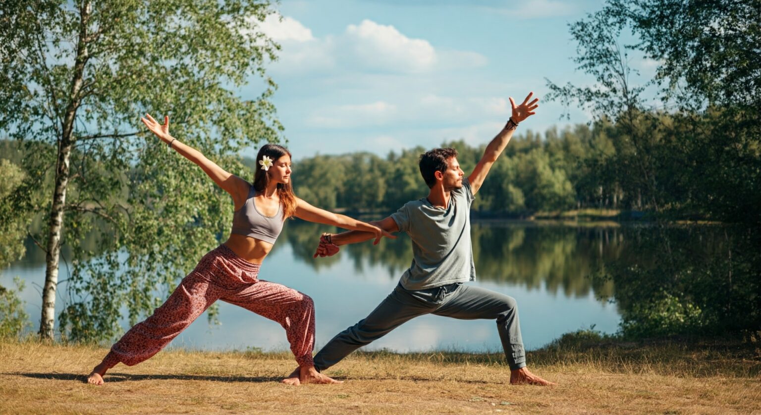 couple performing outdoor yoga session near the lake.