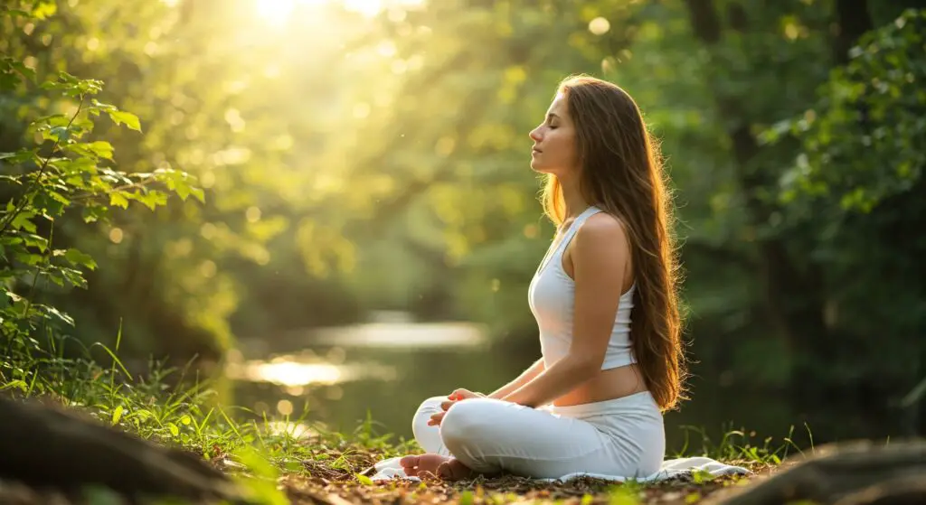 Young woman in white clothes doing deep breathing exercise for stress relief. 