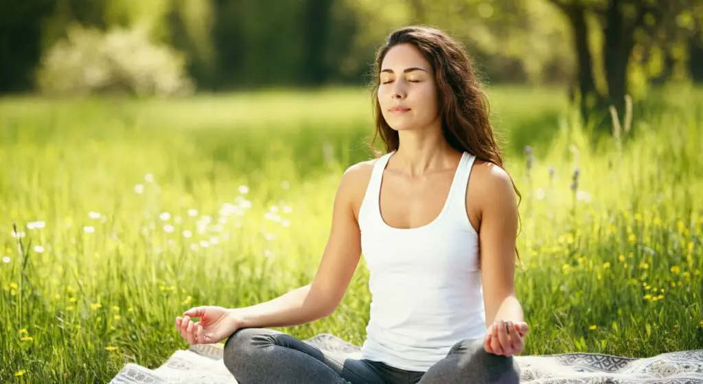 A young woman reducing her stress in green spaces.