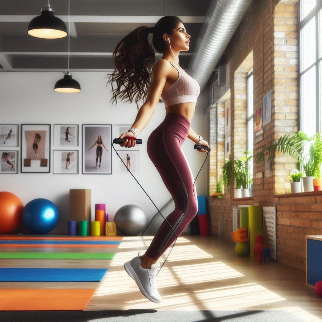 Young woman doing jump rope full-body workout for fitness.