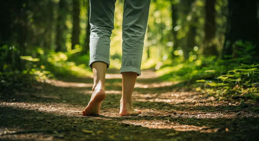 Barefoot walking on the grass.