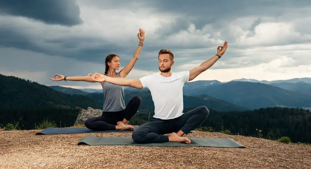 Couple performing outdoor yoga in mountains and getting relaxation.