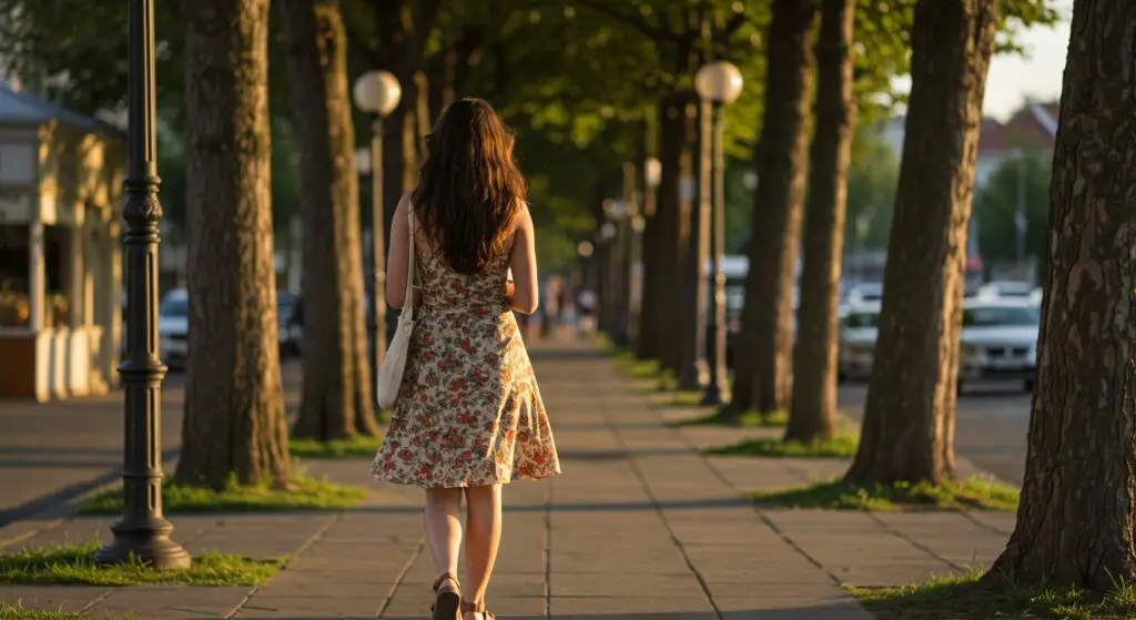 Woman is walking after meals at the evening.