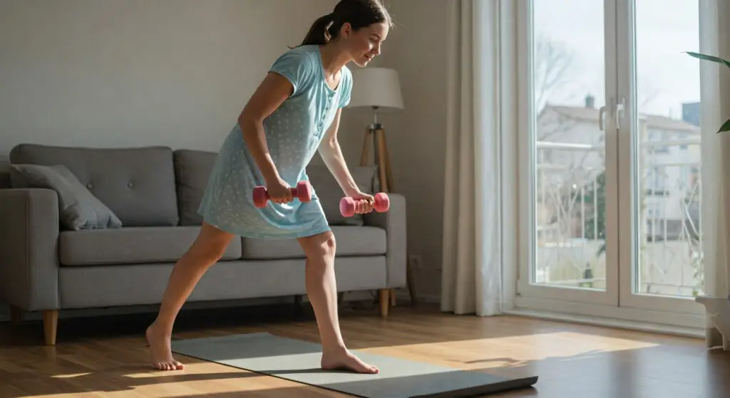 Young woman doing strength training at home for better health.