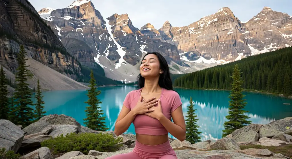 A woman performing deep breathing exercise and reducing her stress.