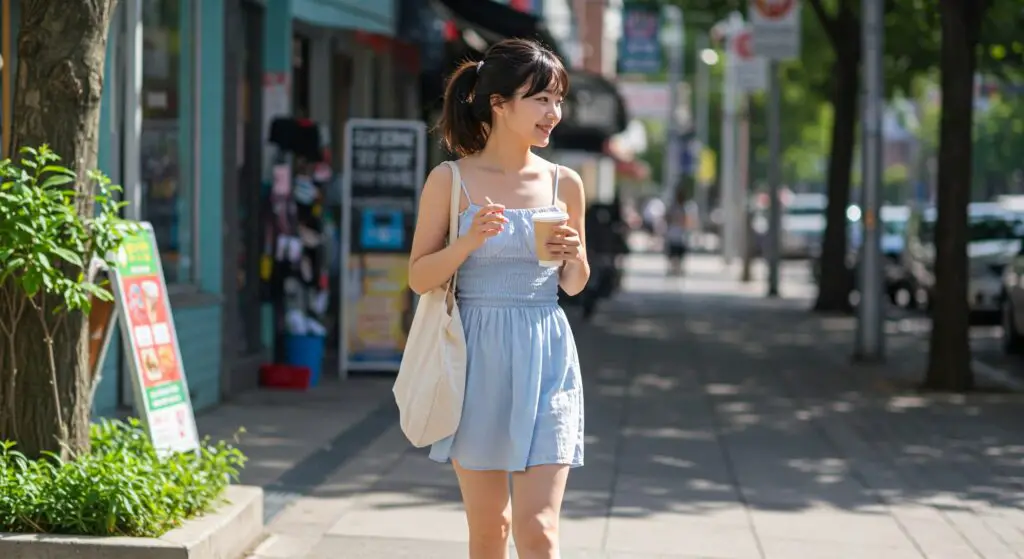 A beautiful young woman enjoying strong coffee while walking.