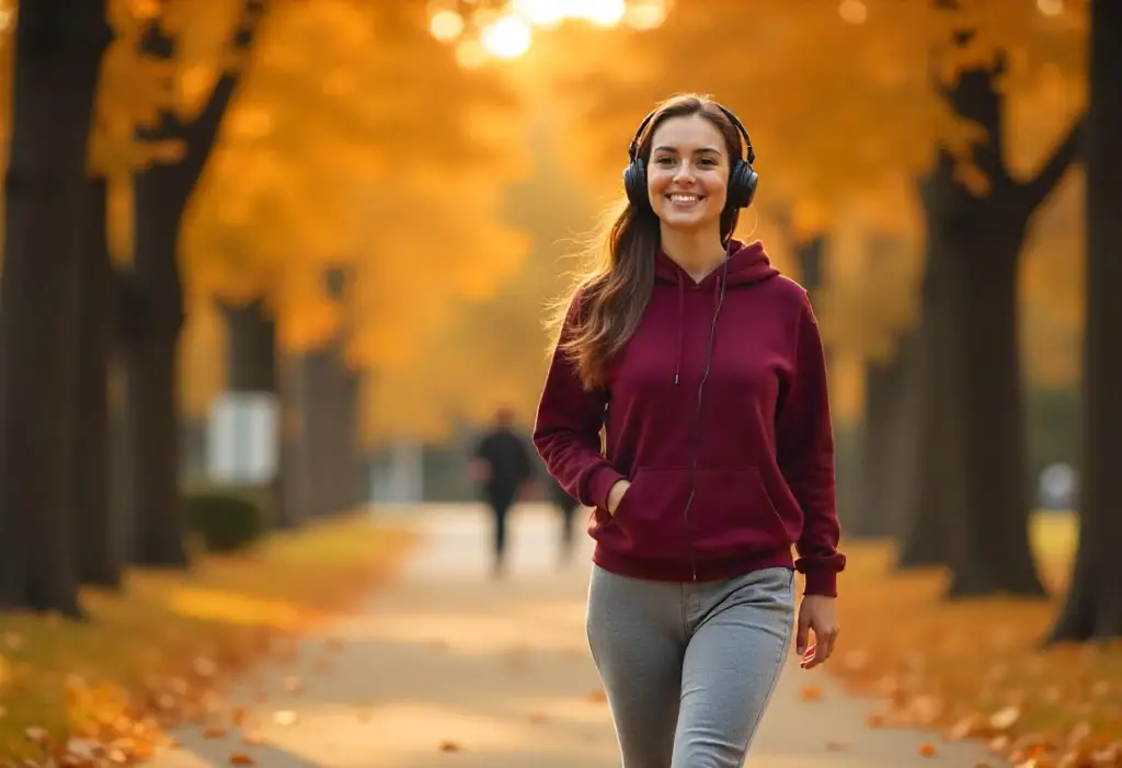 Smiling woman walking while listening to podcasts  and improving her learning.