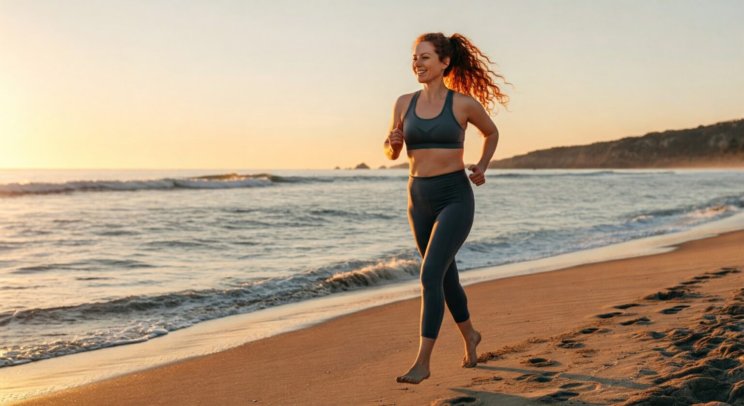 woman walking barefoot on sand for health benefits.