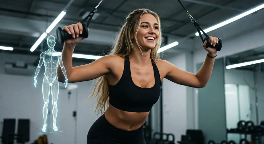 Smiling blonde woman doing workout with AI-powered personal training.