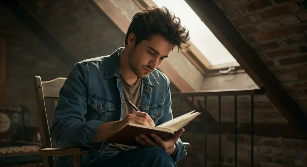 Young men doing journaling on notebook and Relieving his stress.