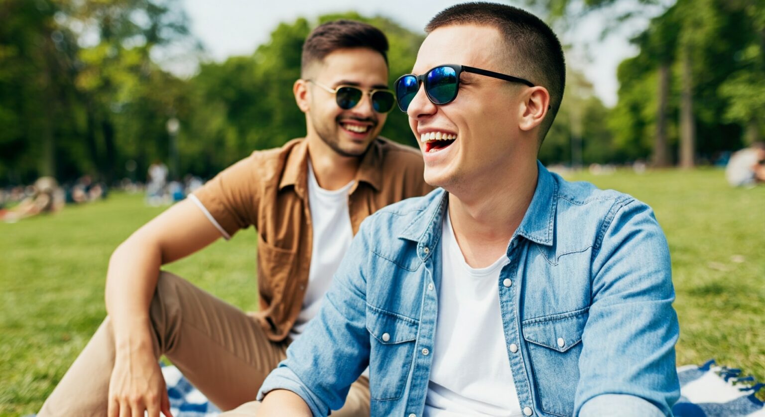 Two young men getting benefits of green spaces and smiling.