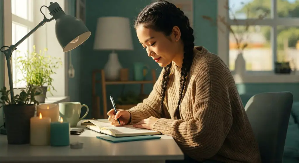 A beautiful girl doing 5-minute journaling for mental clarity.