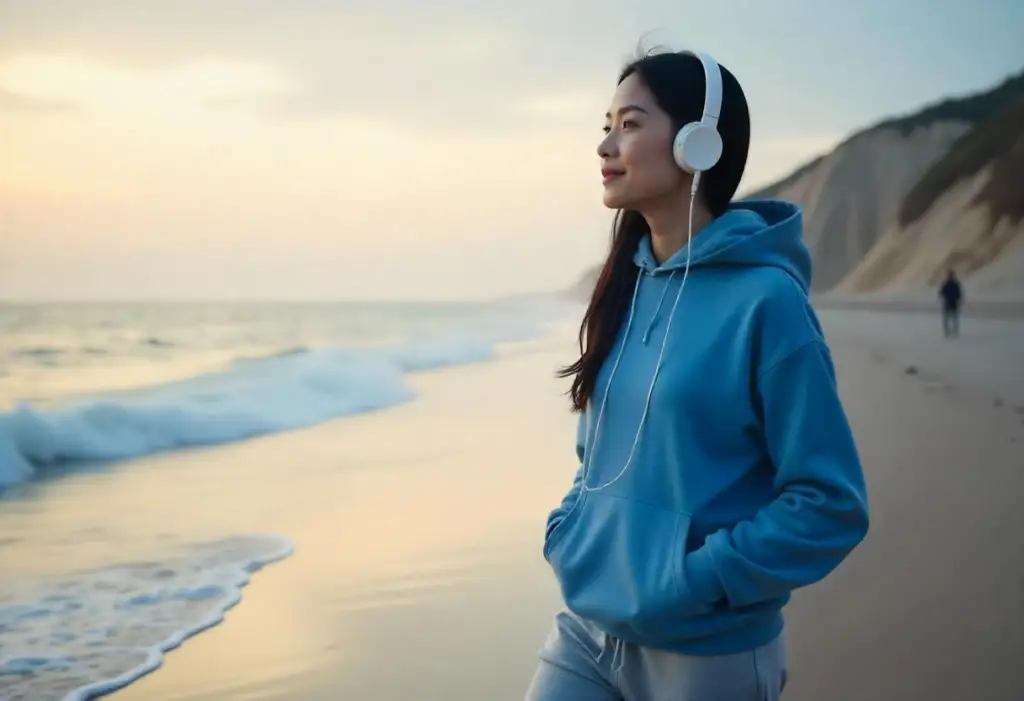 young woman walking and listening to podcasts