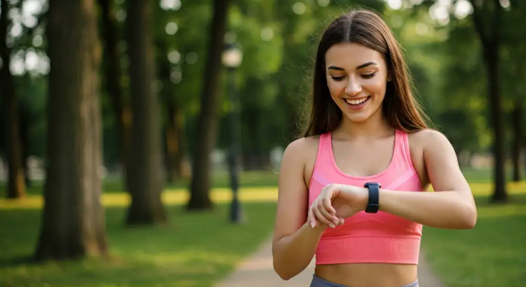 Young woman walking and smiling while seeing into the fitness tracker watch.