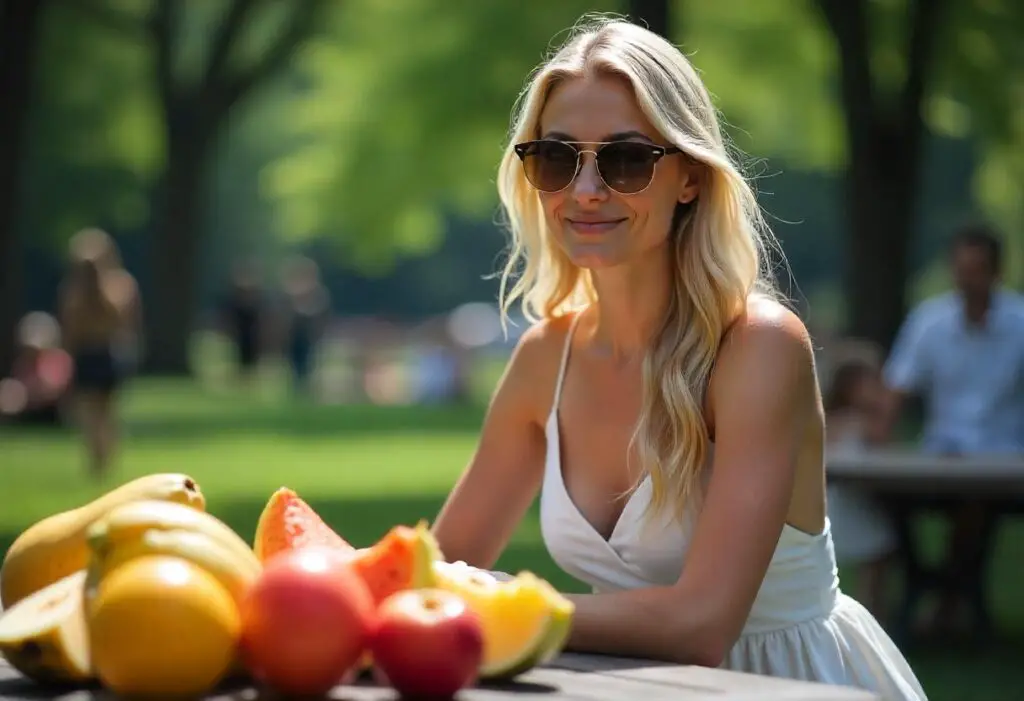 Pretty woman eating fruits for health and digestion.