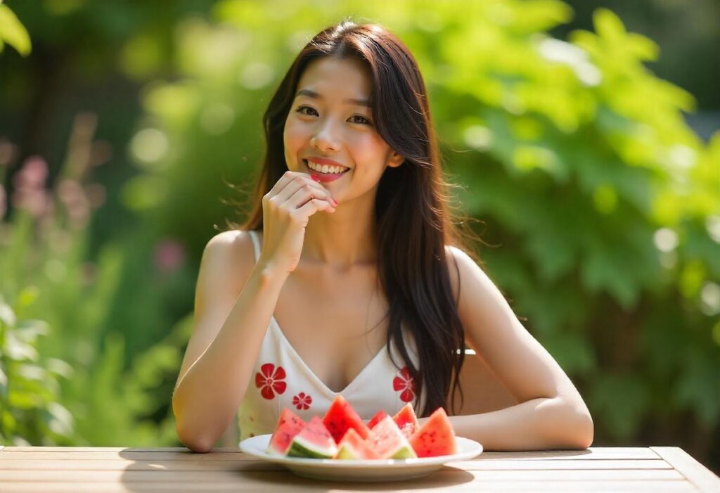 beautiful healthy woman eating hydration water-rich fruits