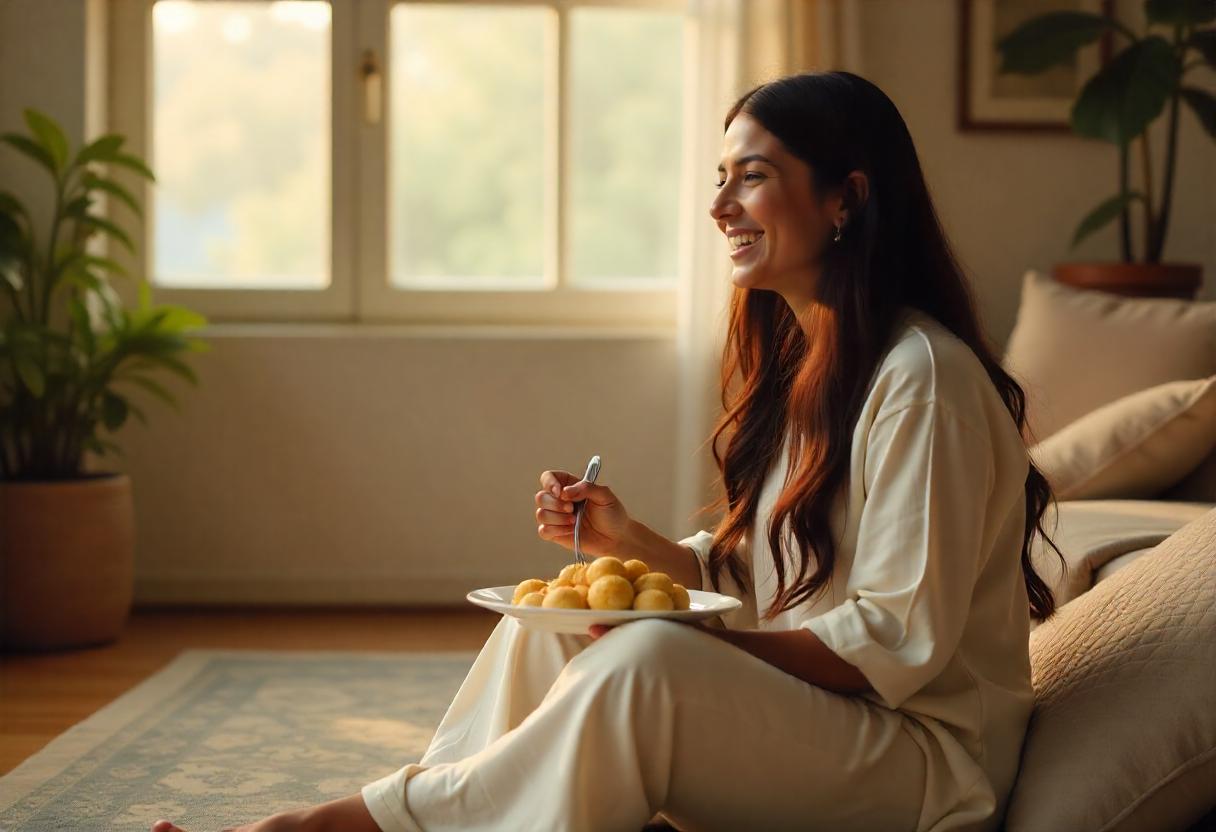 healthy pretty woman eating the right breakfast and smiling while sitting on bed