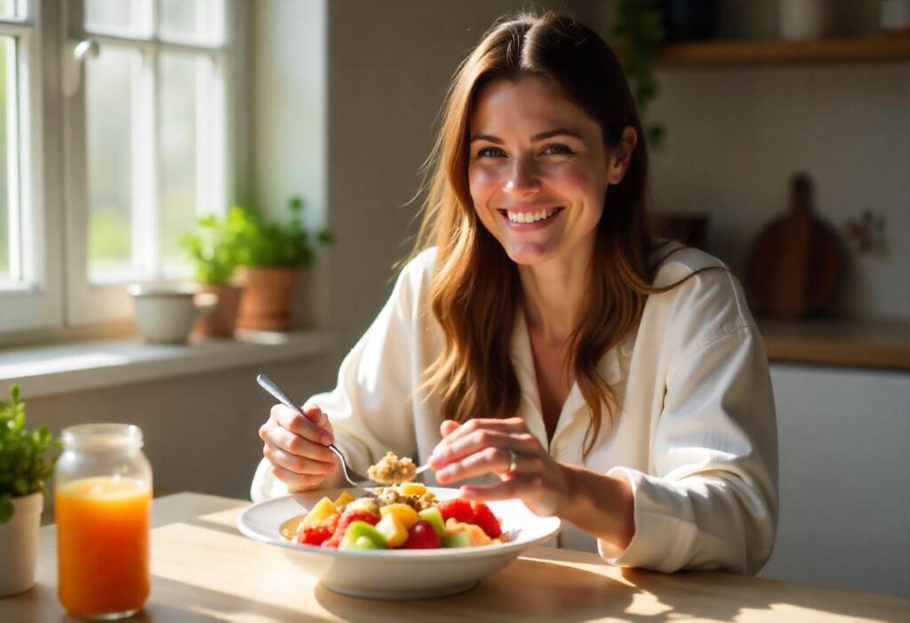 healthy pretty woman eating the right breakfast for energy and smiling.