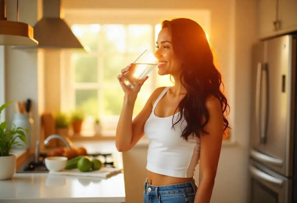 healthy woman drinking the alkaline water